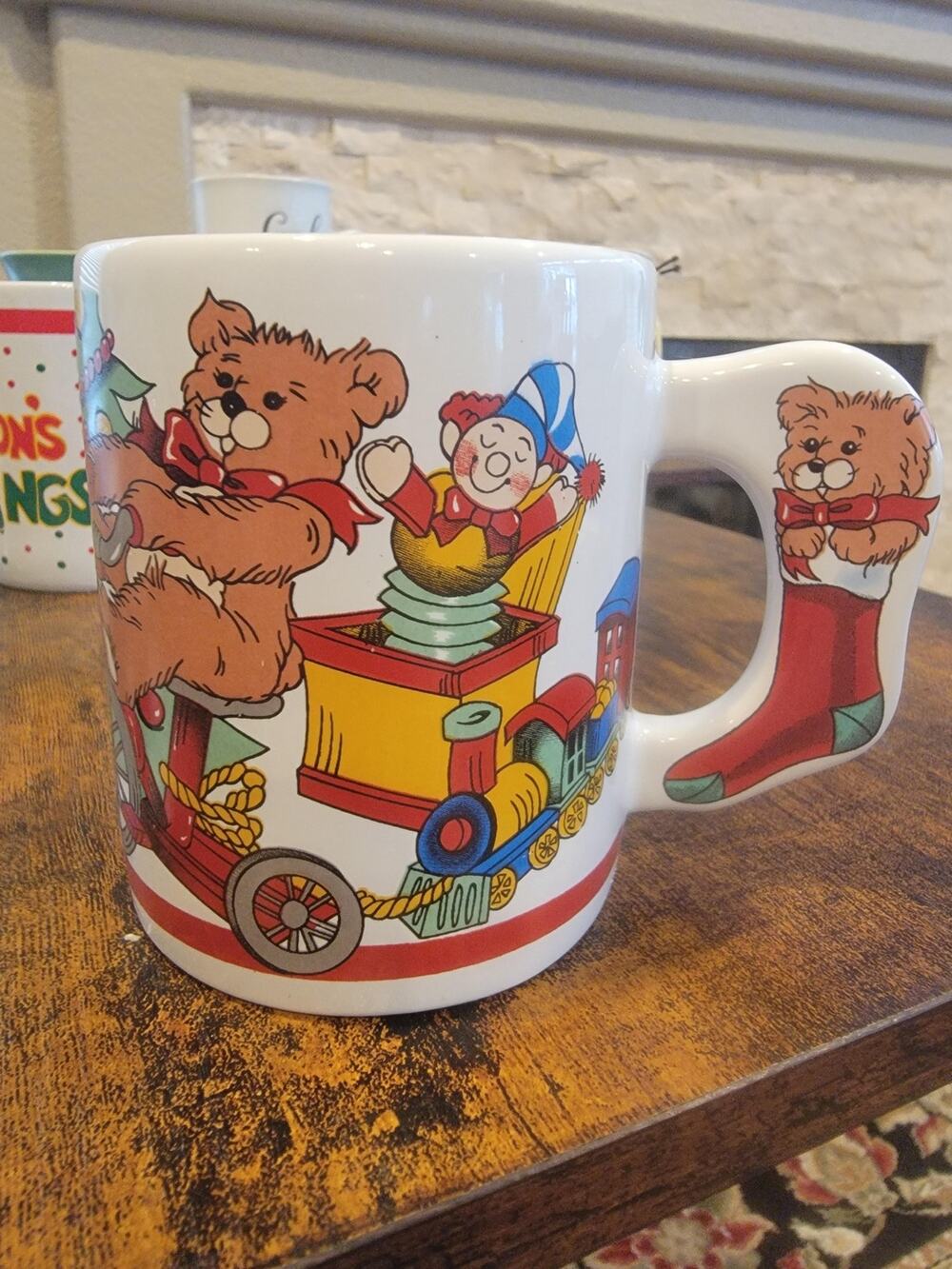 Unmarked Christmas Coffee Mug Medium Multicolor Teddy Bear Train Handle